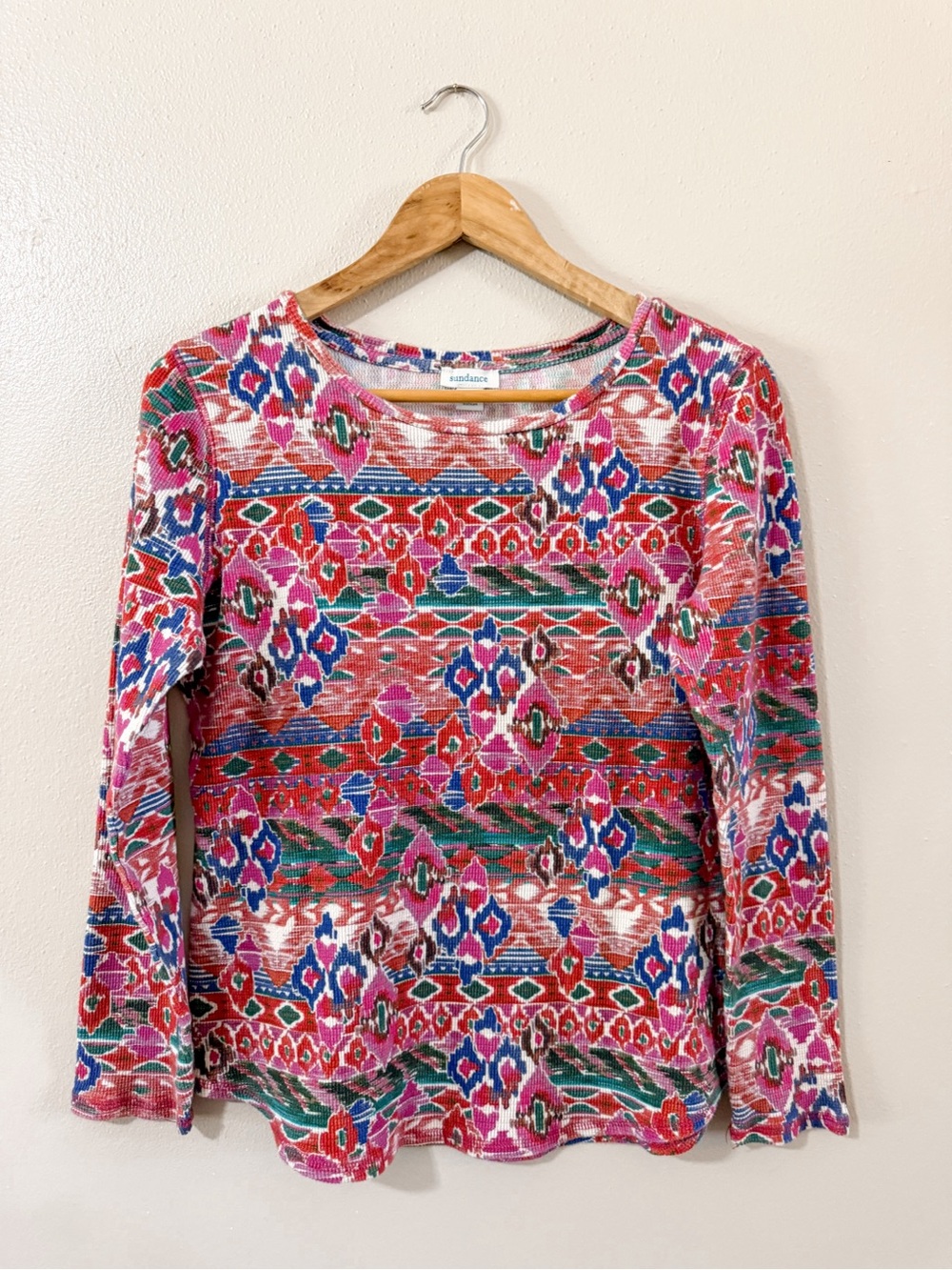 Sundance Waffle Knit Thermal Boho Southwest Print Long Sleeve